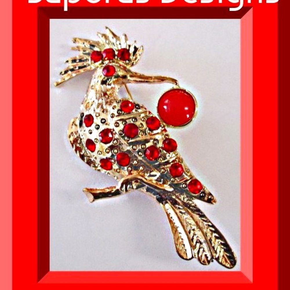 Gold Tone Crane Design Brooch With Red Crystals & Red Bead